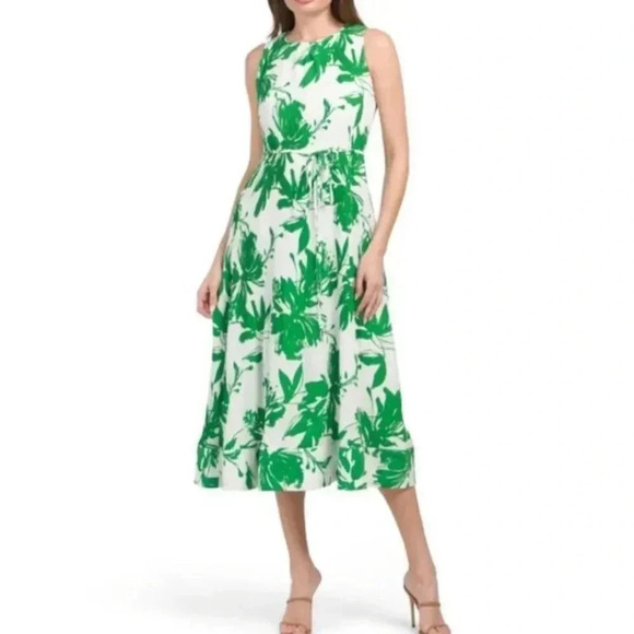 Taylor Dresses & Skirts - Taylor Floral Green Accordion Pleat Belted Midi Dress